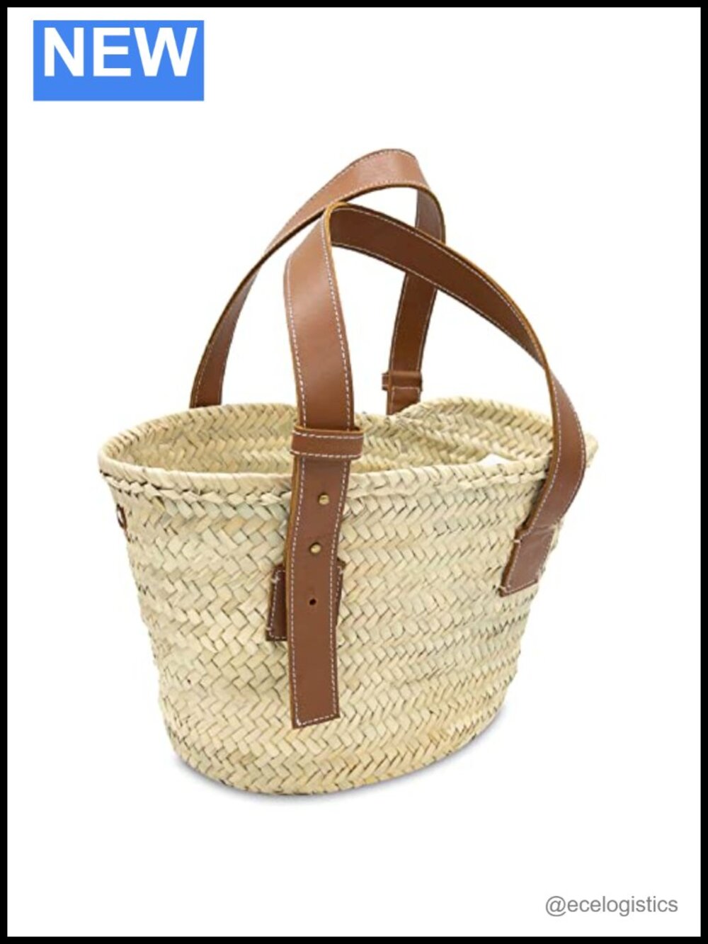 Handwoven Palm Straw Tote with Leather Handles Beach Market Basket